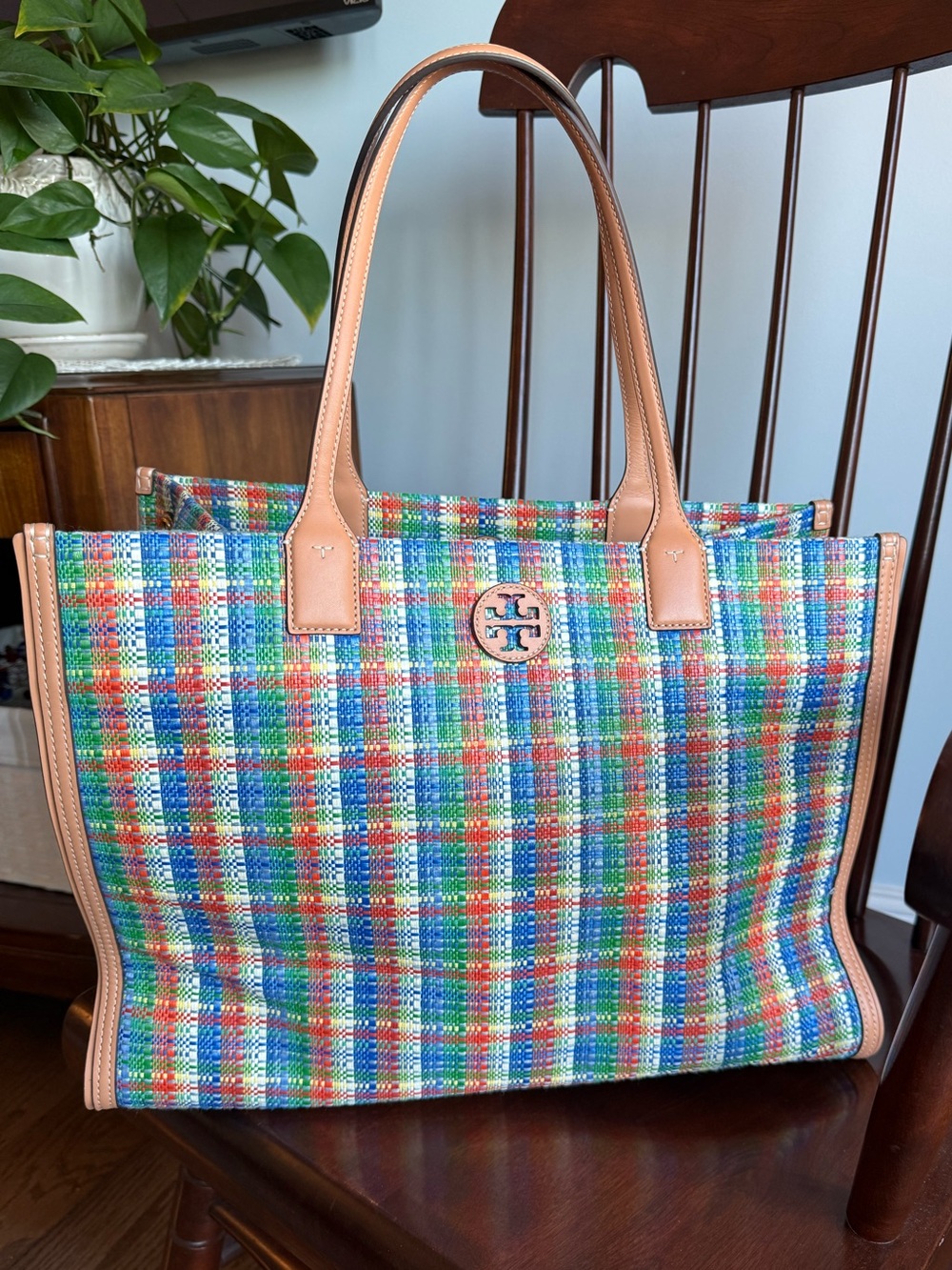 Tory Burch Multicolor Plaid Woven Tote with Tan Trim